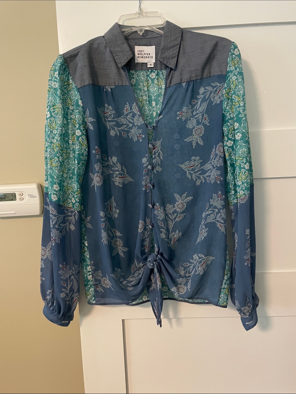 One of a kind Designer Blue Floral Tie-Front Blouse